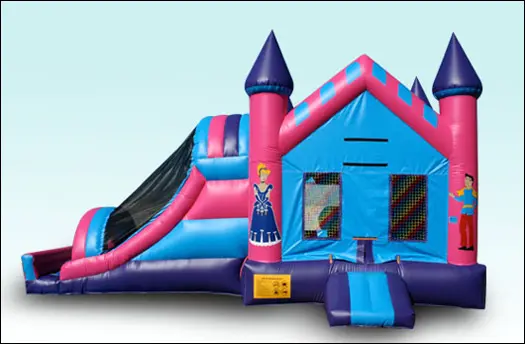 A pink and blue inflatable castle with slide.
