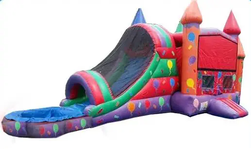 A colorful inflatable slide with balloons on it.