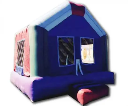 A blue and red bounce house with windows.