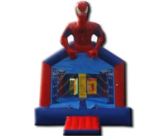 A spiderman bounce house with a slide.