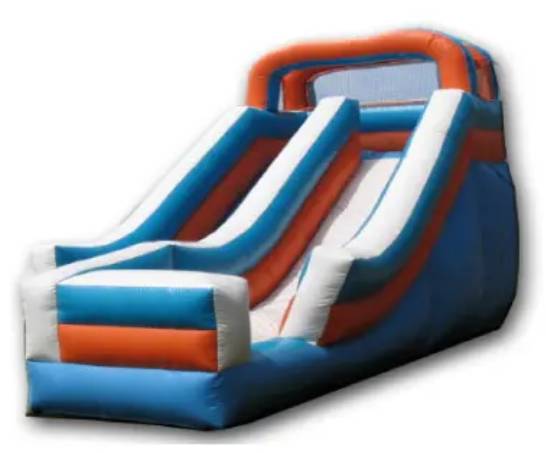 A large inflatable slide with an orange and blue theme.
