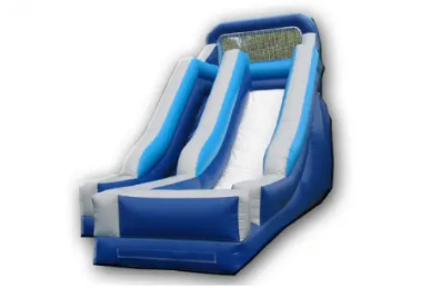 A blue and white inflatable slide with a splash pool.