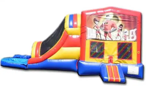 A red, yellow and blue inflatable slide with a basketball theme.
