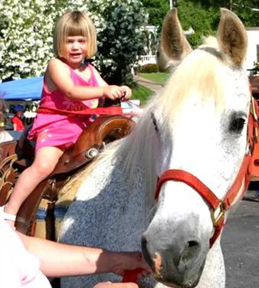 A little girl riding on the back of a white horse.
