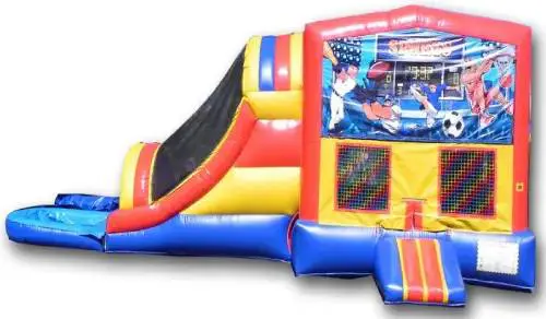 A bouncy house with slide and obstacles.