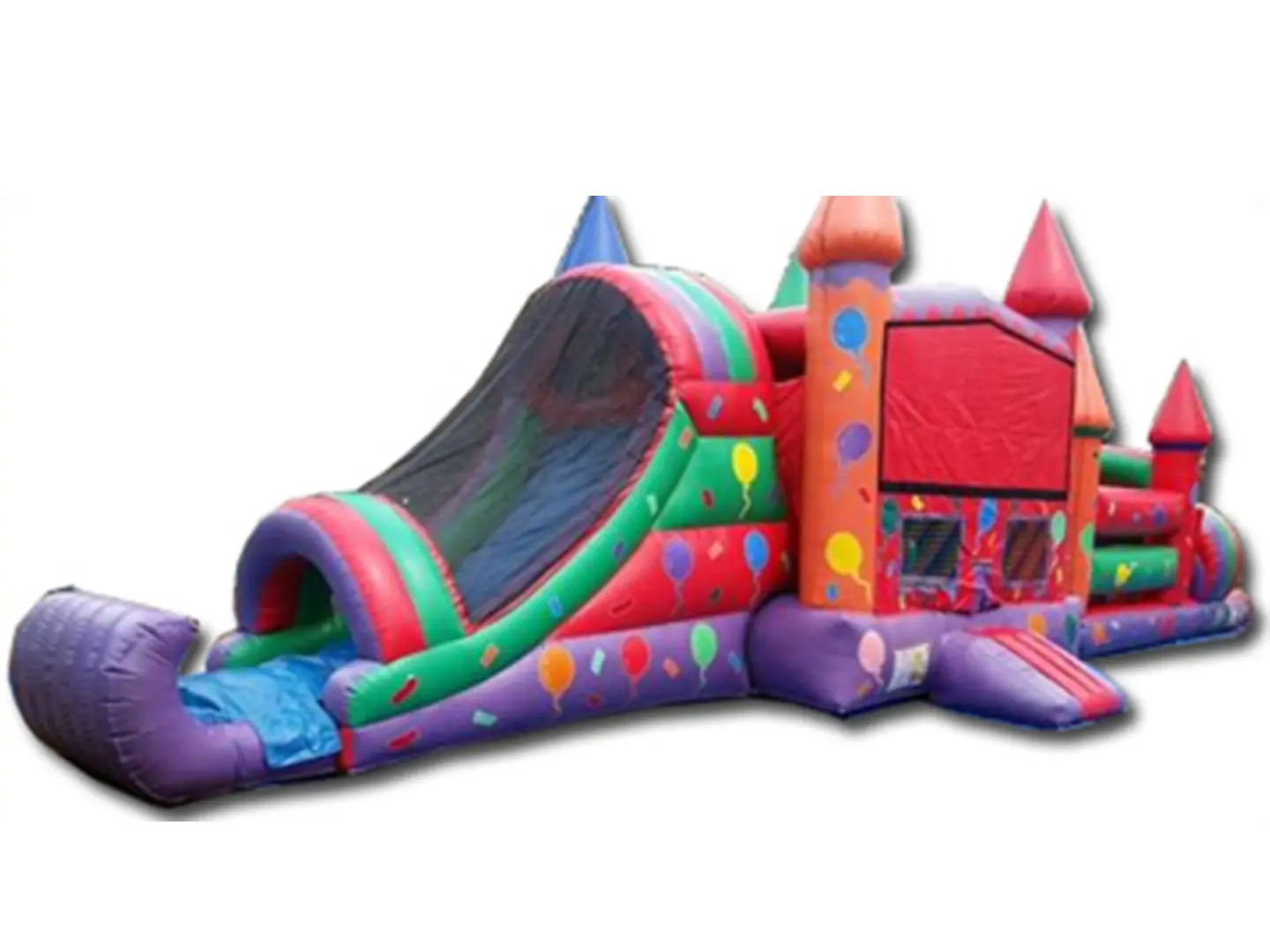 A colorful inflatable castle with slide and obstacles.